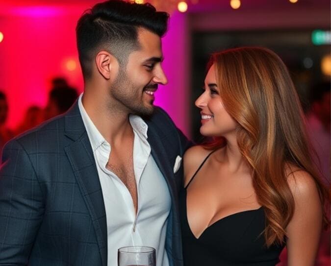 Well-dressed couple in a lounge, representing polished profile quality