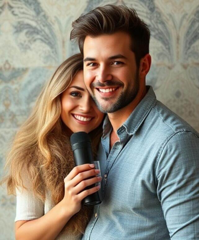Couple holding a microphone symbolizing profile introduction and communication